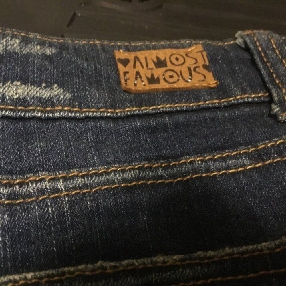 Almost Famous Dark Wash Distressed Destroyed bottom cuff Jean Denim shorts 13 - Picture 12 of 12